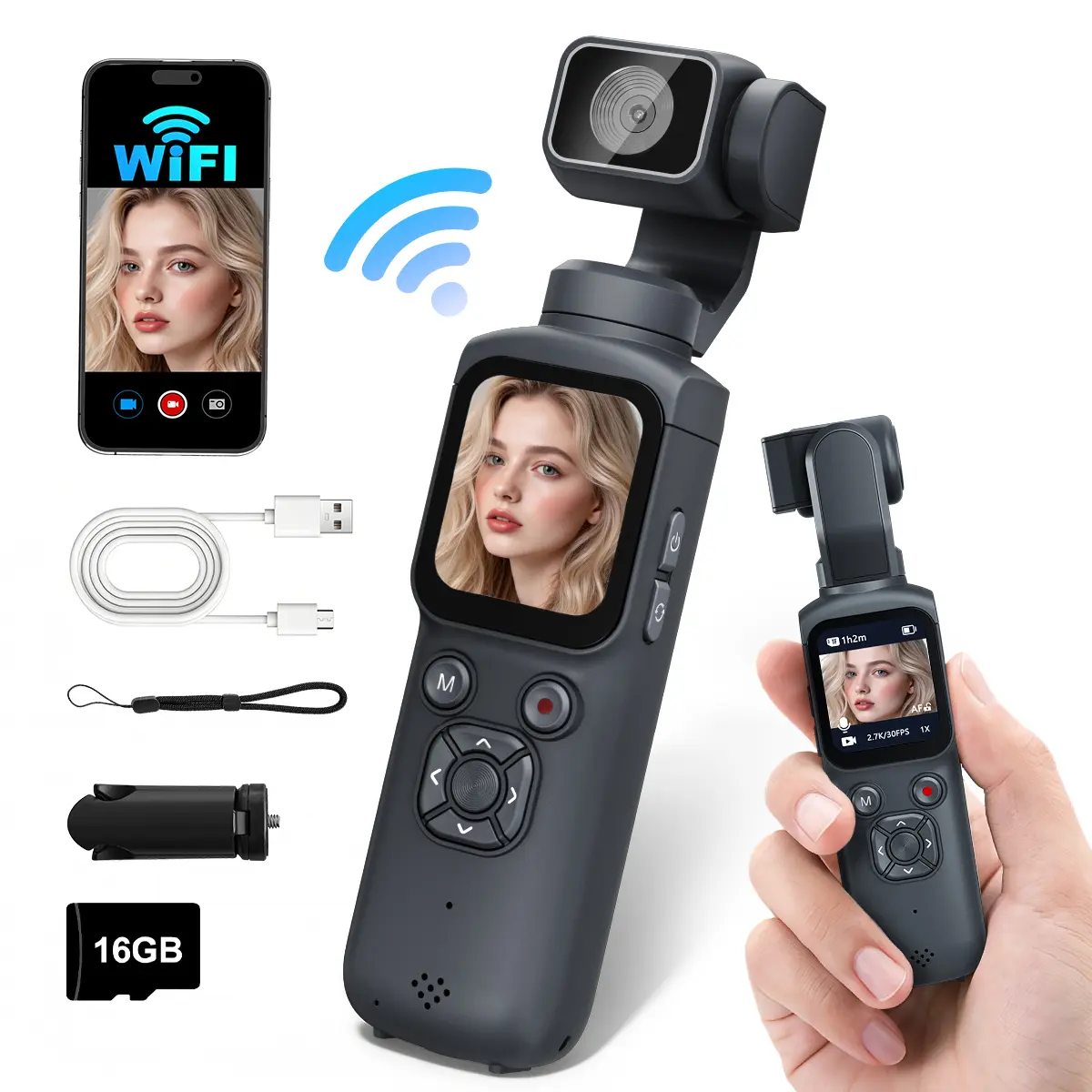 WIKICO Pocket Vlogging Camera with 4K/30fps Videos, Pocket Camera with FaceTracking, 4K Handheld Camera, Video Camcorder, Portable WiFi Vlogging Camera with 16GB Card, Tripod,summerwins,father'sdaygifts
