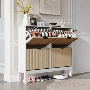 Modern Fluted Shoe Storage Cabinet – 4 turn Drawers, Narrow Wooden Shoe Organizer, Hidden Freestanding Entryway Shoe Rack with Metal Legs, Sleek Storage for Hallway or Foyer, White + Gray / Black + Oak