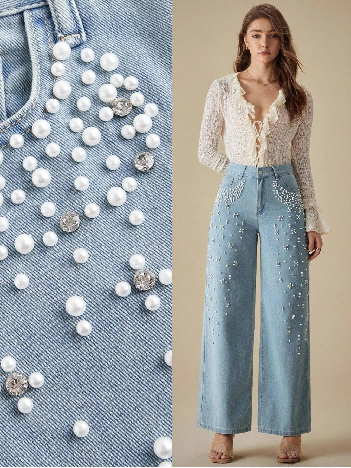 High-End Pearl Rhinestone Jeans, Fashionable Casual Long Pants, Loose-Fitting Graphic Jean for All Seasons, Stylish and Luxurious Look