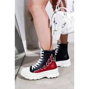 Cammie Rhinestone Flame High Top Lug Sneakers - Black