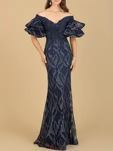 Off Shoulder Mermaid Beaded Gown with Tiered Sleeves | Lara 29190
