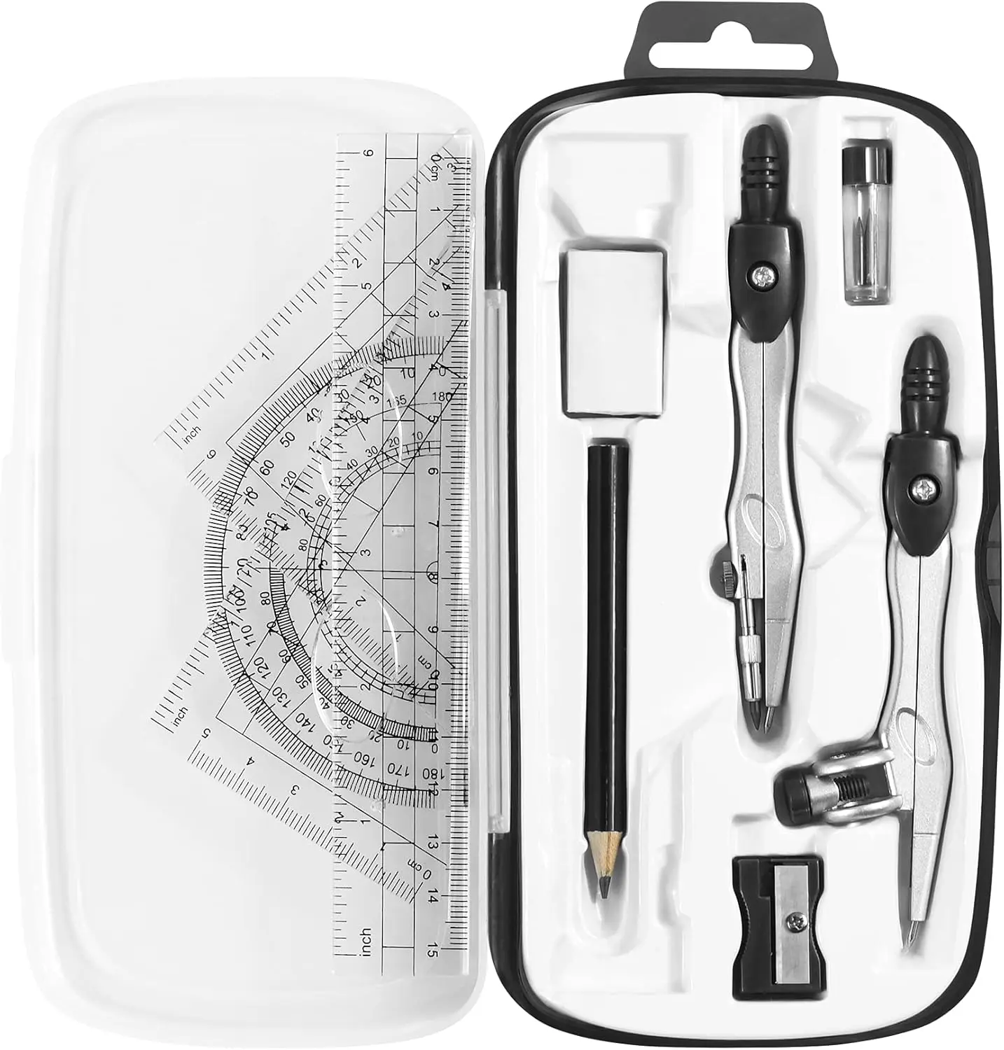 Math Geometry Kit Sets 10 Piece Student Supplies, Compass Set, Black | Shatterproof Storage Box,Rulers,Protractor,Compass,Eraser,Pencil Sharpener,Lead Refills,for Classroom