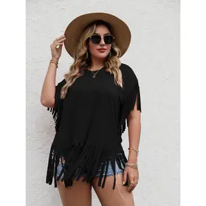 Women's Plus-Size Half-Sleeve Fringe Hem Casual Summer T-Shirt Top