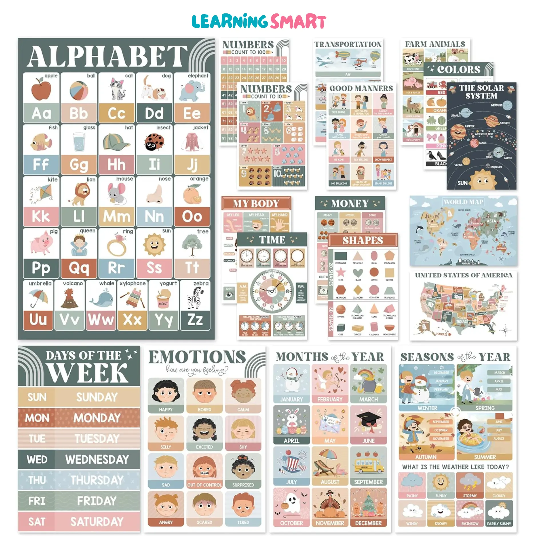 Set of 18 Educational Posters for Classroom, Preschool Posters for Classroom, Homeschooling for todllers 2-6, Visual Learning Posters