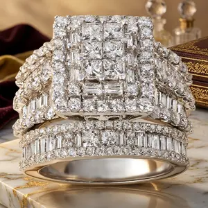 Bold 2Pcs Women's Zirconia Statement Ring Set - Trendy Costume Jewelry