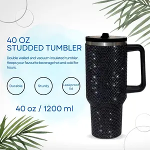 Mother's Day Gift  Black 40oz Rhinestone Tumbler with Handle & Straw, Insulated Stainless Steel Travel Mug for Hot & Cold Drinks, Sparkle Reusable Water Bottle