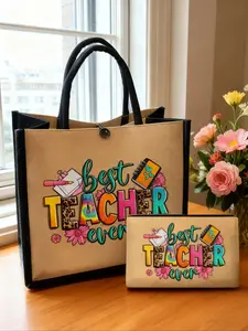 Creative Teacher Alphabet Printed Linen Handbag, Block, Big Bag with Small Bag, Floral Patterns, Women's Large Capacity, Casual Trendy Bag, Trendy Commuter Purse, Fashionable Handbag