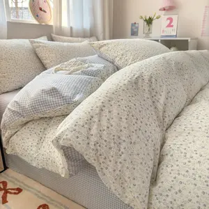 Blue Floral Gingham Duvet Cover Queen Size 100% Cotton Reversible Cottagecore Bedding 3 Pcs Soft Breathable Comforter Cover Gift for Girls