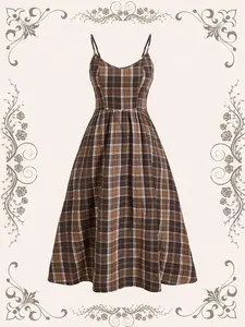 MOD Plus Size Brown Brushed Plaid Spaghetti Strap Dress For Summer