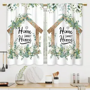 2 Panels Home Sweet Home Spring Floral Flower Kitchen Curtains Green Leave Bathroom Curtains Window Treatment Drapes Tier Botanical Cafe Small Bedroom Short French Door Curtains