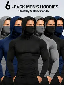 6 Pack Quick Dry Men Balaclava Hood Compression Shirts, Skin-Friendly Stretch Long Sleeve Athletic Hoodies for Fishing Gym