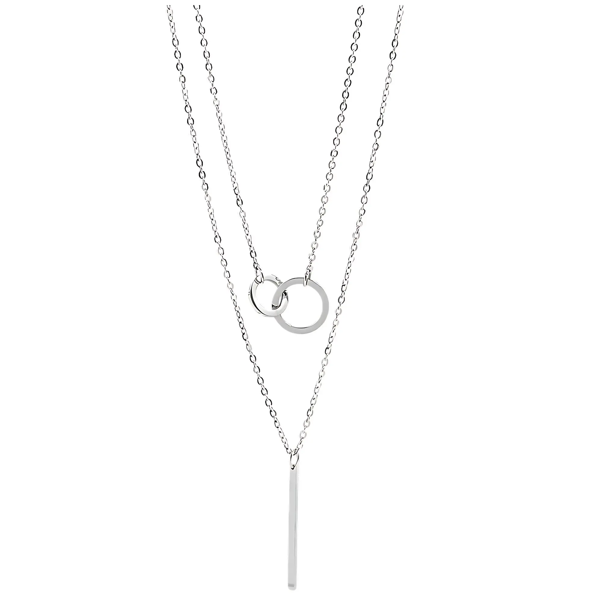 Layered Chain Necklace for Women by Ginger Lyne | Stainless Steel Adjustable Length up to 20" Curb Chains with Linked Circles and Bar Pendants| Minimalist Jewelry for Her