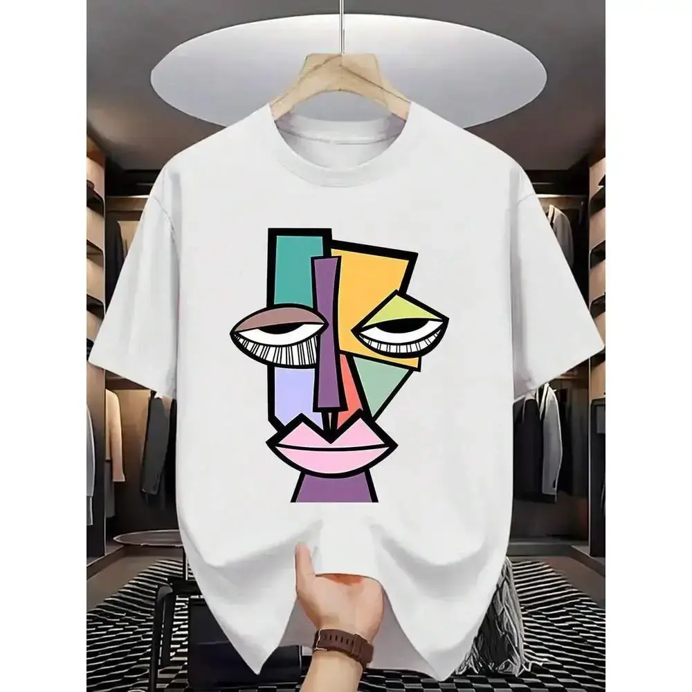 [Modern Graphic Tee] Purple Modern Graphic Tee | Men’s summer fashion casual short sleeve T-shirt, machine washable, letter pattern print, abstract face design