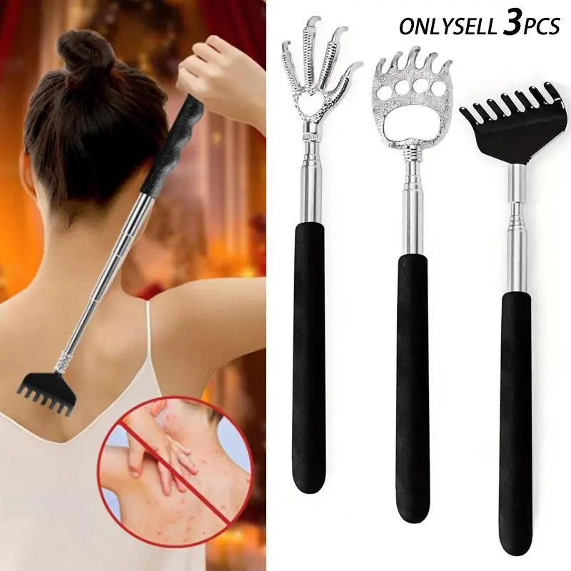 3-Piece Retractable Adjustable Portable Back Scratcher Set, Rubber-Grip Eagle Claw & Bear Paw Designs, Stainless Steel Telescopic Massagers, Body Care, Backscratcher