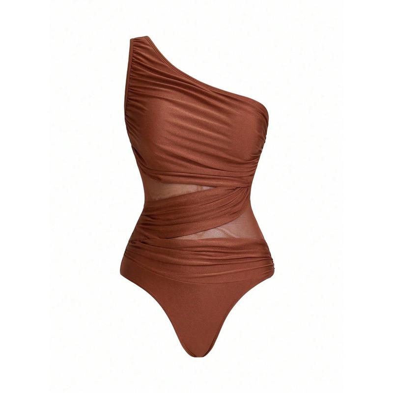 Women's Solid Color Ruched Mesh Panel One-Piece Swimsuit With Sarong Skirt For Summer Beach Vacation