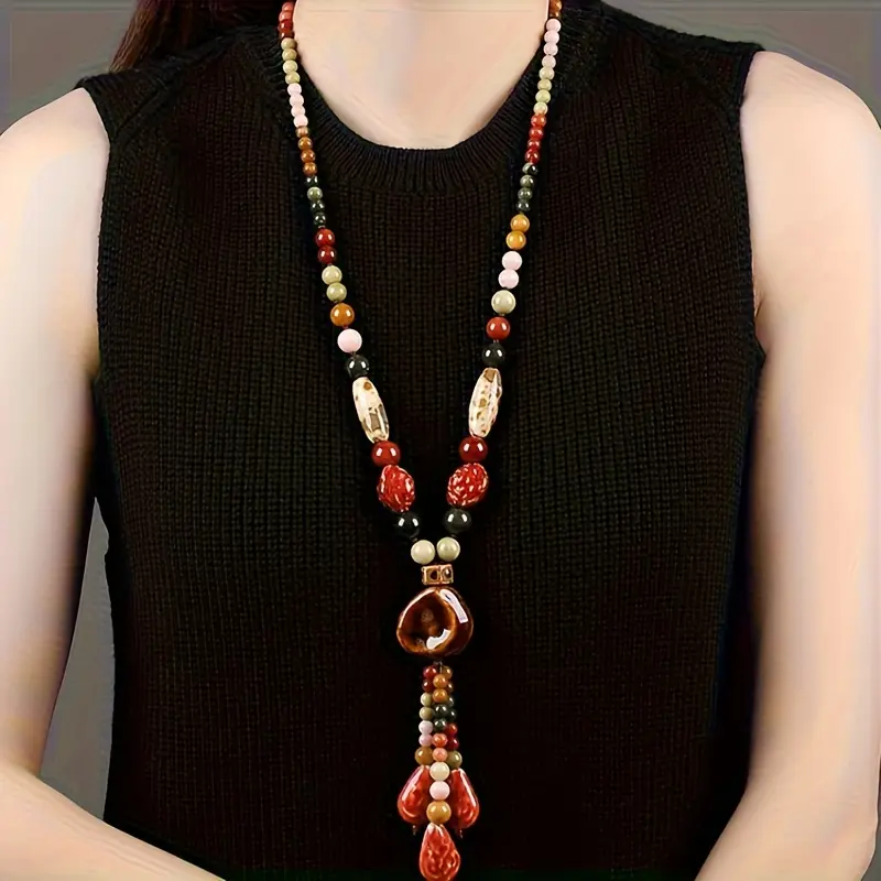 Women's Bohemian Ceramic Bead Necklace - Earthy Brown/Red/Black/Beige/ Pink/ - Long Teardrop Pendant - Lightweight & Durable Everyday Formal Jewelry - Handcrafted Bohemian Necklace Gift for Women, Necklace Pendant, Formal Accessory, Vibrant