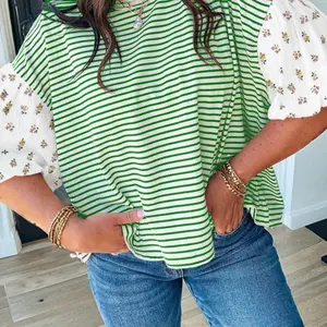 Striped Tee with Floral Sleeves - Womenswear Top for Casual Wear