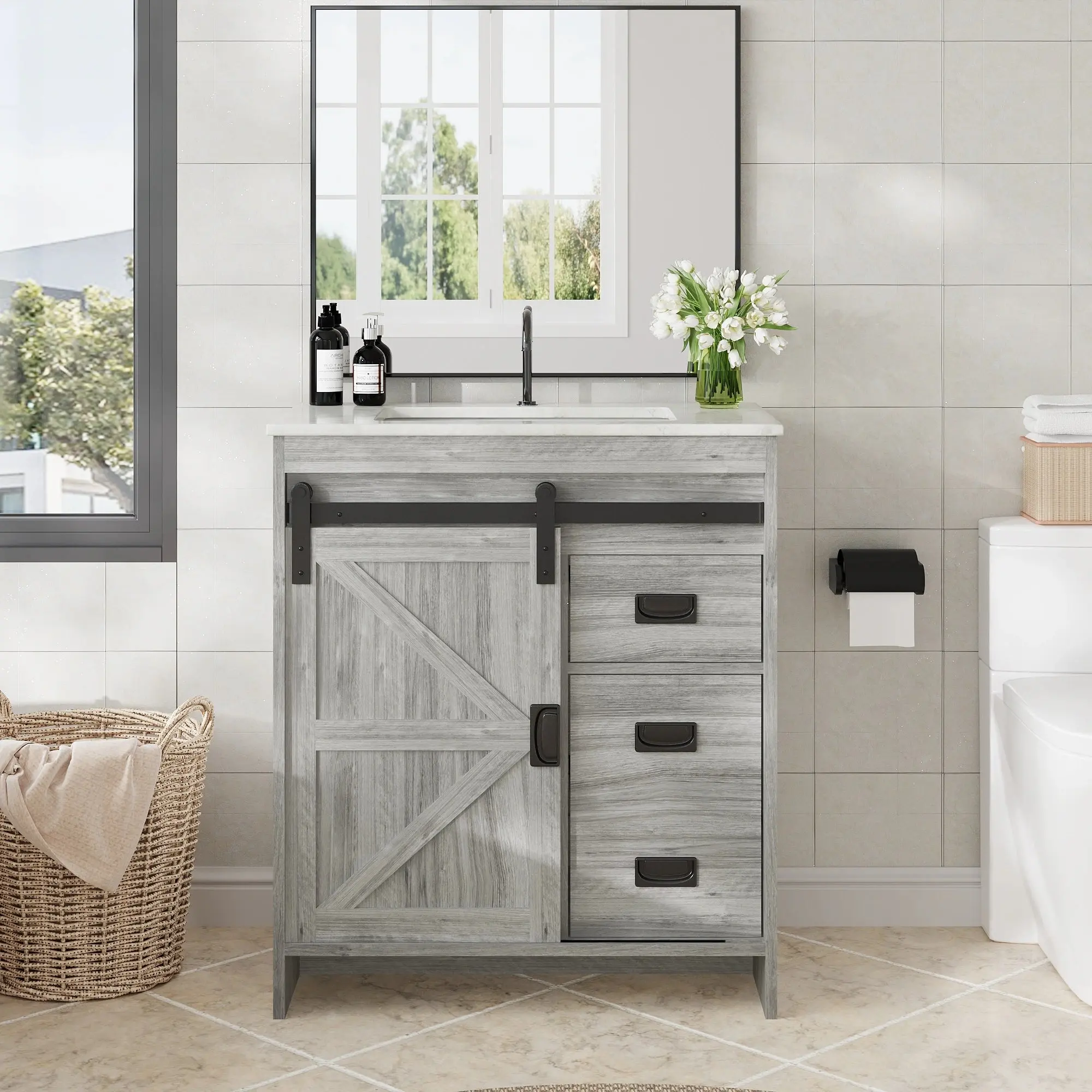 Farmhouse Bathroom Vanity with Ceramic Top Sliding Barn Door Cabinet