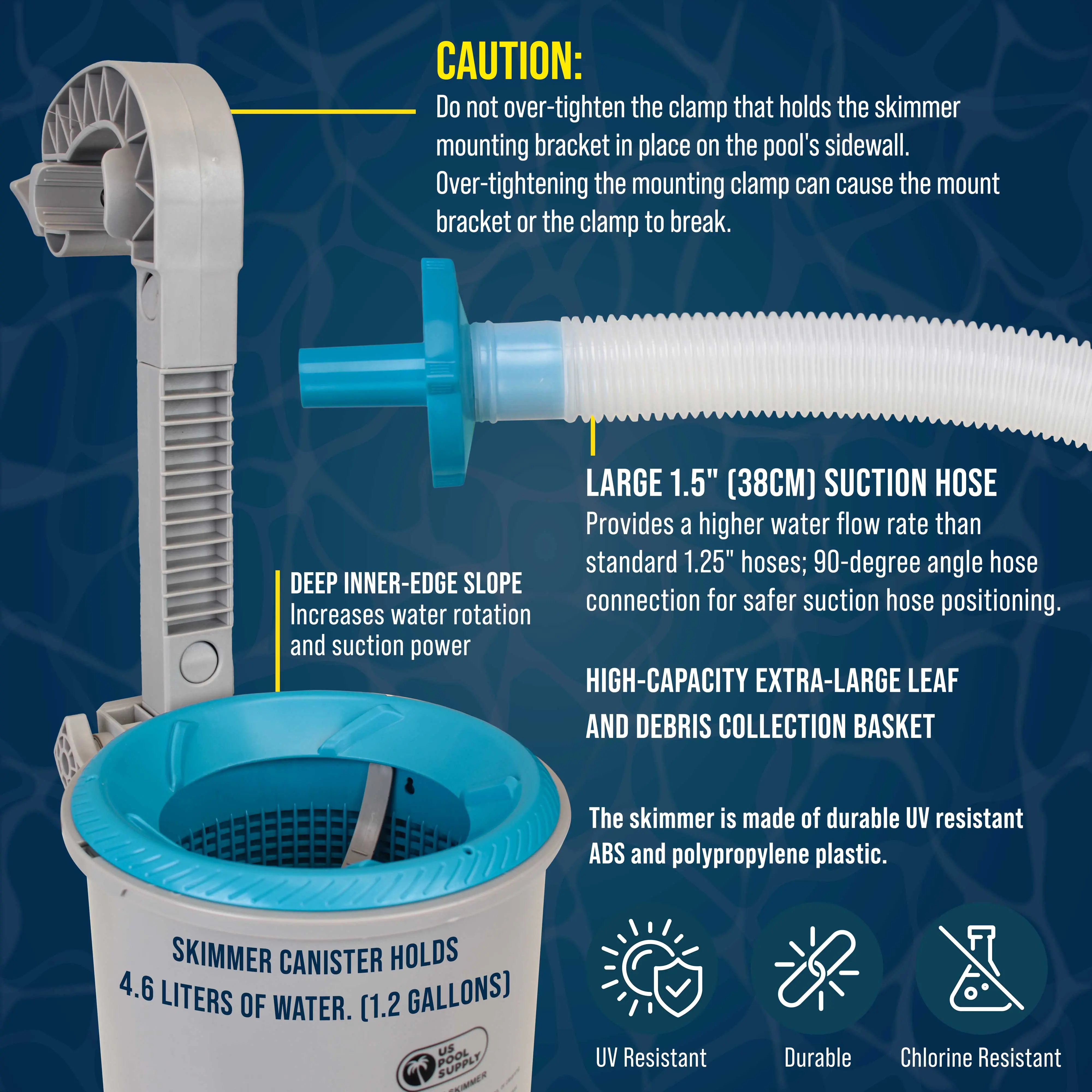 U.S. Pool Supply Above Ground Pool Skimmer, Wall Mount Surface Skimmer - Extra-Large Collection Basket, Automatically Skims Floating Leaves Debris