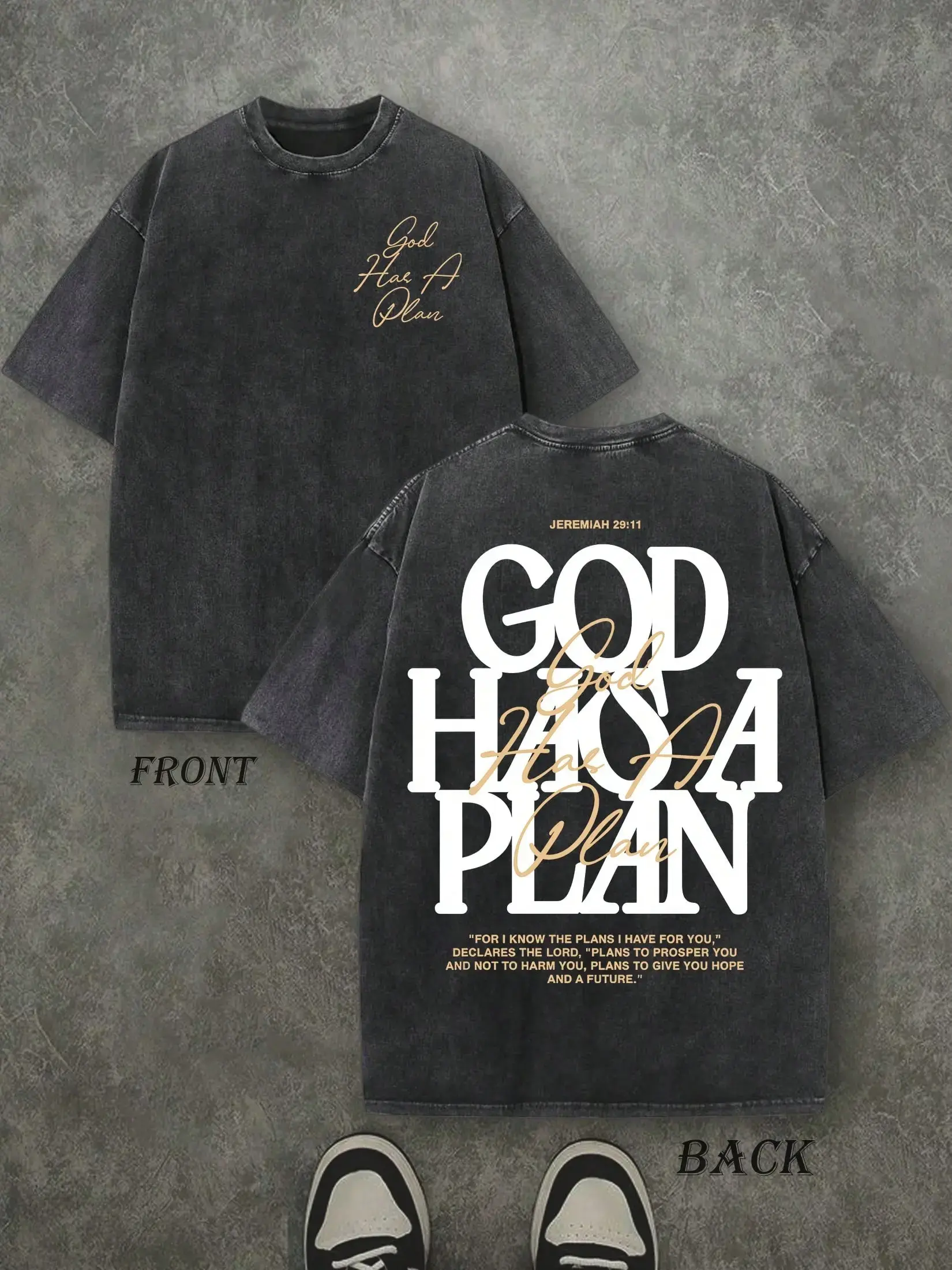 Women's Vintage Washed Graphic Tshirt - "God Has a Plan" Double-Sided Print, 230gsm Heavyweight Cotton, Wide Shoulder, Crew Neck Christian Streetwear Unisex Casual Top, Vintage Graphic Tees, Digital Print, Washed Look, Shortsleeve, Soft, Round Neck, Wide
