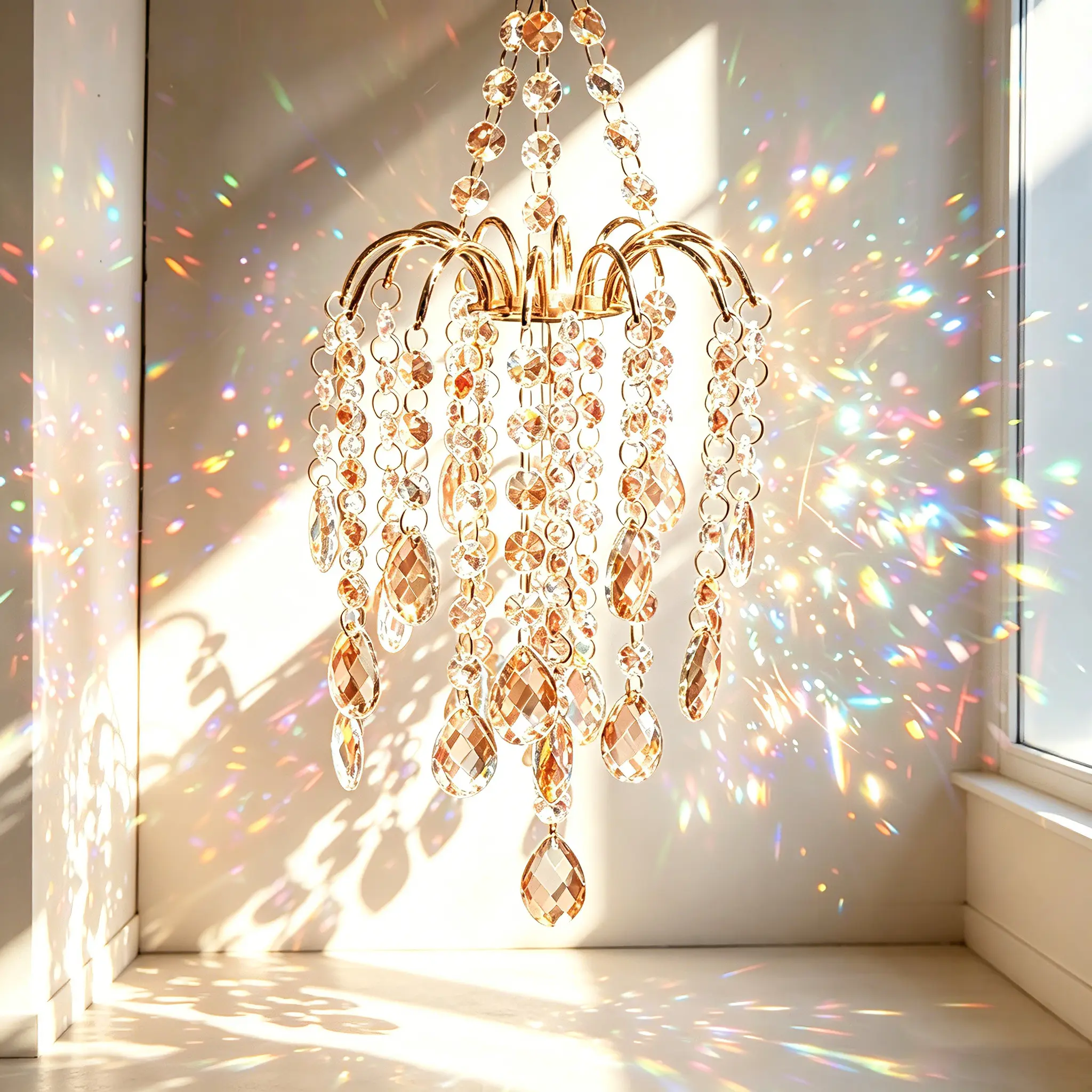#JY 16 Inch Gold Framed Crystal Sun Catcher, Rainbow Prism Light Refracting Hanging Ornament, Weather Resistant Decor for Window Garden Wedding Indoor Outdoor