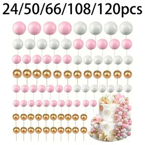 24/50/66/108/120-Piece Colorful Foam Ball Cake Decorations – Spherical Cake Toppers & Baking Decor Supplies – Ideal for Weddings, Anniversaries, Birthdays, Christmas, Halloween, Thanksgiving, and More (White, Gold, Pink) – DIY Cake Decorating Accessories