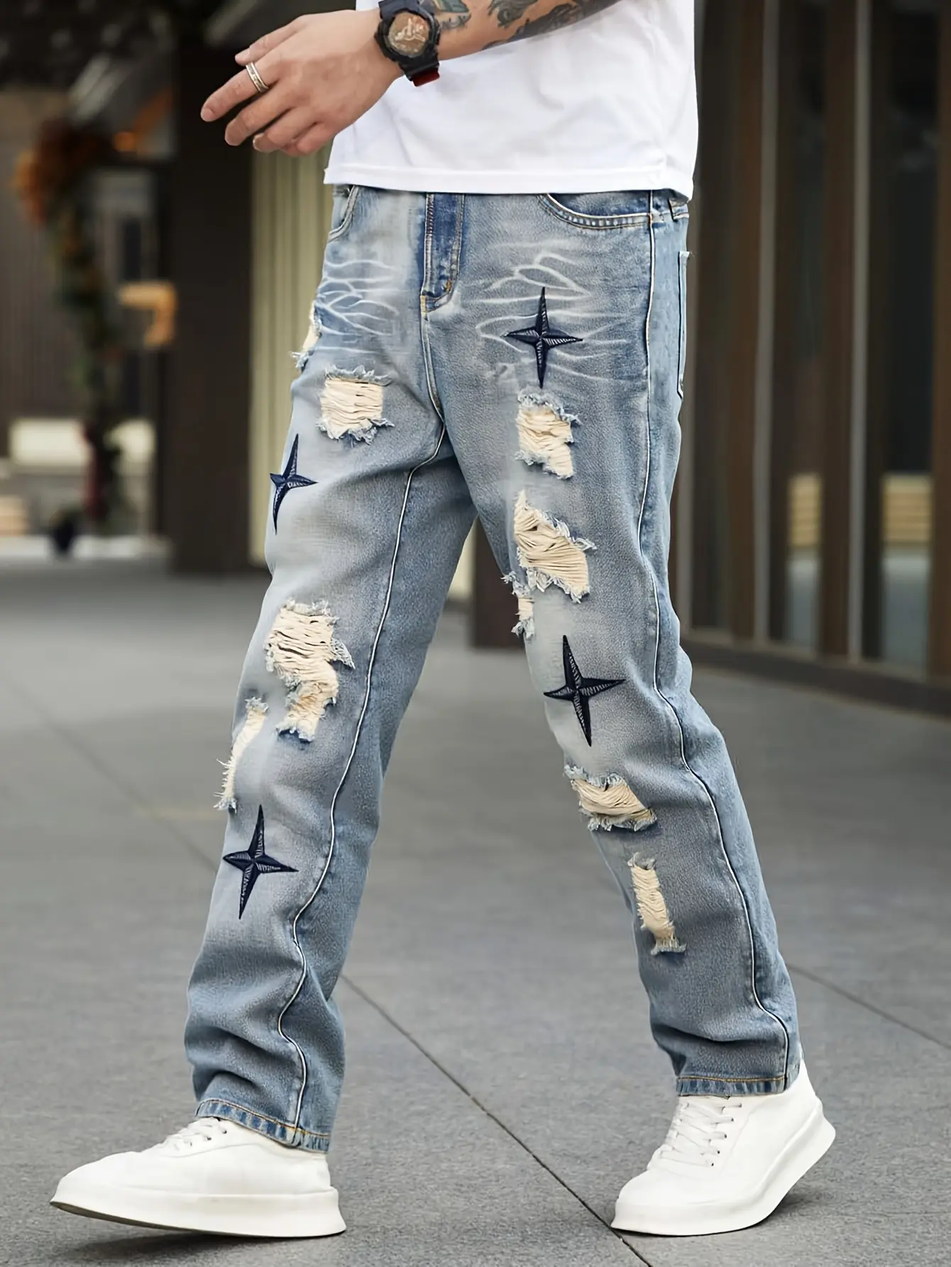 Men's Ripped Distressed Denim Embroidery Jeans - Light Blue Wash, Vintage-Inspired Straight Leg Streetwear Pants for Casual Spring Summer Fashion, Ripped Distressed Jeans, Denim Embroidered Jeans