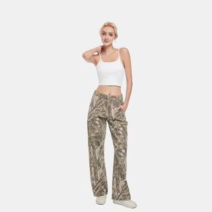 PinkyMoor Women’s Camo Denim Trousers - Stretch Mid-Low Rise Casual Comfy Pants, Branch Camouflage, Pockets, Loose Straight Leg, Button Closure, Ideal for Work & Streetwear (Women's Clothes, Clothes, Pants, Streetwear Clothing)