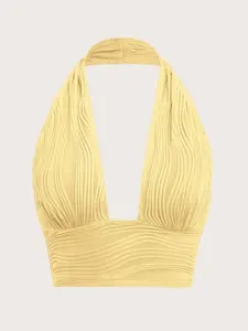 SHEIN ICON Solid Backless Crop Halter Y2k Top Black Fabric