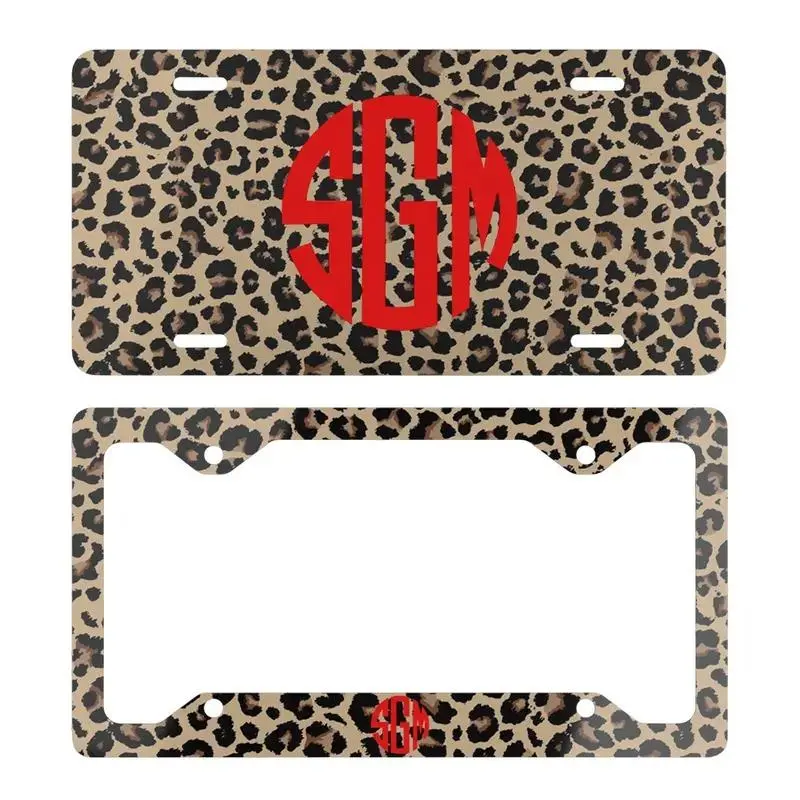 Custom Leopard Monogram License Plate & Frame Set, Cute Car Accessory for Her