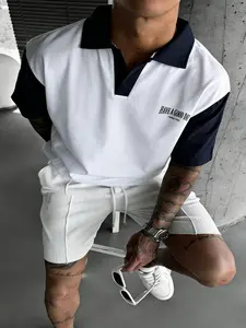 Men's Polo Shirt Summer Heavyweight Patchwork Colorblock Short Sleeve T-Shirt, College Style Casual Half Sleeve Tee for Boys