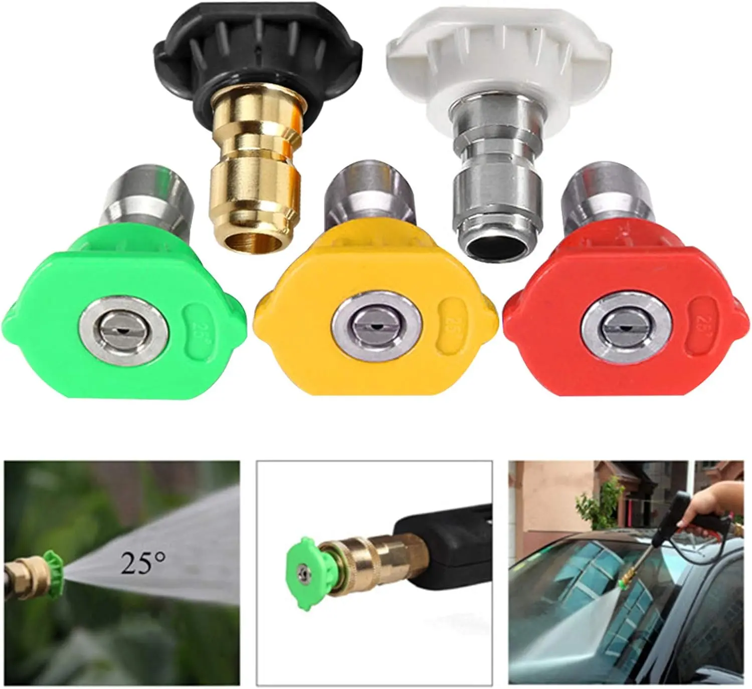5-Pack Stainless+Brass Pressure Washer Tips, 1/4 Quick Connect Multi-Angle Nozzles (Up to 4000 PSI), Easy-Install Car Wash Set for Cars, Bicycles & Concrete Home Improvement Cleaning Tasks