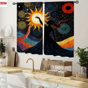 2D Flat 2Pcs Artistic Sun and Woman with Swirling Sky Pattern Curtains for Living Room Bedroom Kitchen Home Decor, Vibrant Impasto Style, High Definition Print, All-Season Decorative Window Coverings
