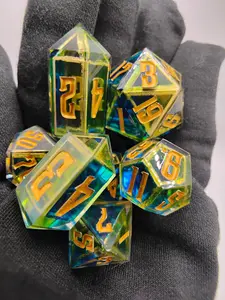 Enchanted Stained Glass Dice Set – Handmade Blue & Green Polyhedral DnD Dice with Gold Framing | Dark Fantasy TTRPG Relic Set