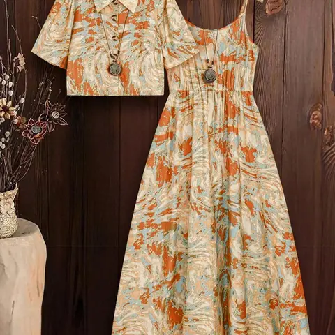 Women's Vintage Aesthetic Bohemian Tie Dye Oil Painting Floral Two-Piece Set, Short Sleeve Button-Down Top & Waist-Tied Long Dress, Casual Comfy Classy Vacation Womenswear