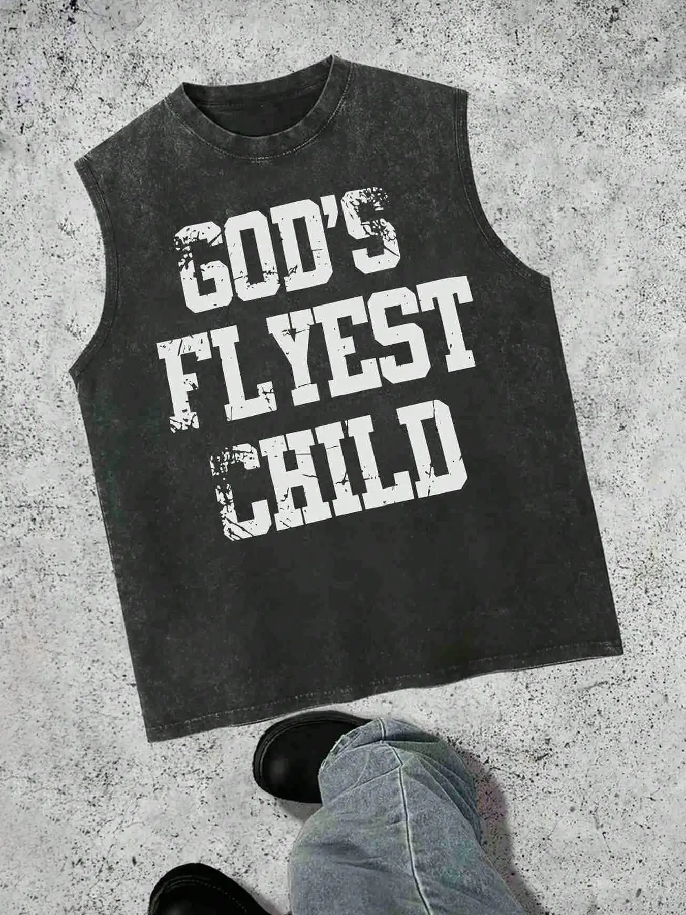 High-Quality Cotton Acid Washed Vintage Sleeveless Active Tank Top, Bold Cracked Letter Print God's Flyest Child, Breathable Loose Fit Ideal for Gym Beach Daily Wear