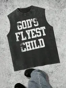 High-Quality Cotton Acid Washed Vintage Sleeveless Tank Top, Bold Cracked Letter Print God's Flyest Child, Breathable Loose Fit Ideal for Gym Beach Daily Wear