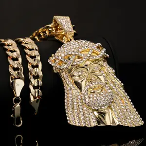 Men's Large Jesus Head Religious Gold Plated Pendant & 14K Stamped Brass 10mm 20" 24" 30" Cuban Chain Necklace Jewelry Hip Hop Style