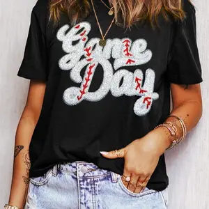 Black Sequin Game Day Graphic Crew Neck Tee - Sparkly Sequin Embellishment for Team Spirit & Casual Wear