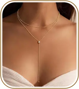 Ursteel Dainty Lariat Necklace for Women, 14K Gold Plated Y-Shaped Long Necklace Layered Drop Necklaces Pearl Cross Clover Cubic Zirconia Charm Necklaces Jewelry Gifts for Women
