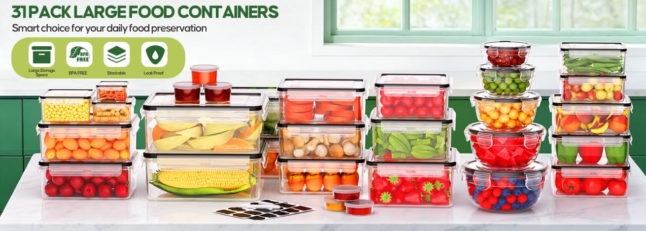 62Pcs Airtight Food Storage Containers with Labels & Lids (31 Containers + 31 Lids) , 85 oz Large Leakproof Meal Prep Containers, Reusable Plastic for Kitchen Organization, Microwave & Dishwasher Safe Utensils Set Flexible