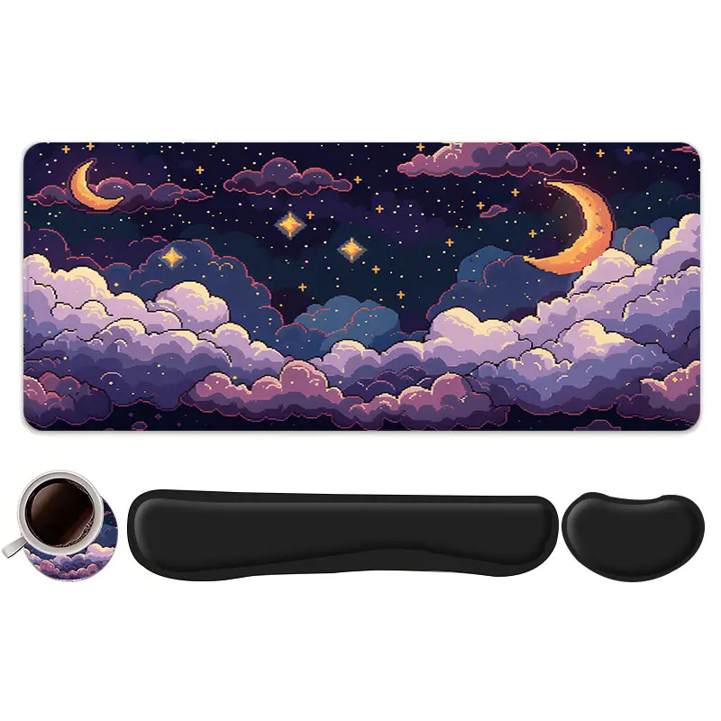 4pcs Dream Night Sky with Clouds Design Mouse Pad + Keyboard Wrist Rest + Coaster Set, Non slip mousepad For Desktop & Office Accessories, Ergonomic Wrist Support, For Home Office Gaming, Gaming Accessory, Gaming Items