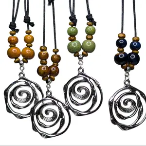 Faux Wooden Spiral Charm Ceramic Beaded Silver Boho Hippie Whimsical Adjustable Black Rope Cord Choker Stacking Necklace