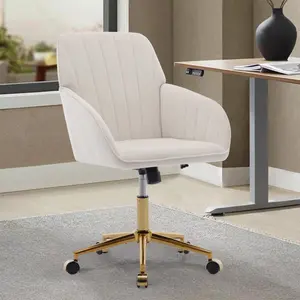 Beige Home Office Desk Chair, Modern Velvet Adjustable Low Back Rolling Chair, Twill Upholstered Cute Office Chair, Desk Chairs with Wheels for Bedroom,Vanity Room,Classroom