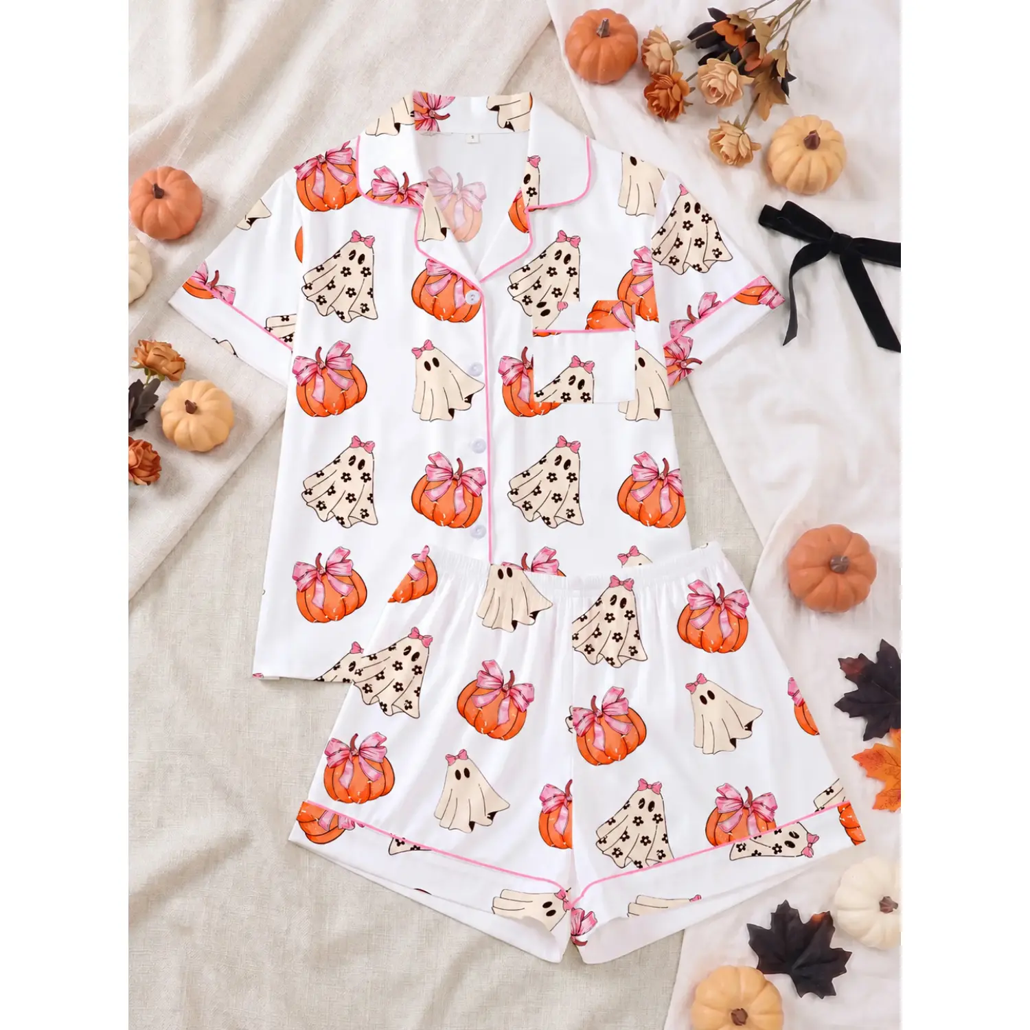Elegant Halloween Ghost and Pumpkin Pajama Set - Short Sleeve Button-Up Shirt with Elastic Waist Shorts for Women, Cozy and Stylish Sleepwear