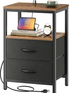 Nightstand with Charging Station, Side Table with Fabric Drawers, End Table with Open Shelf, Bedside Table with USB Ports and Outlets, Night Stand for Bedroom, Rustic Brown and Black