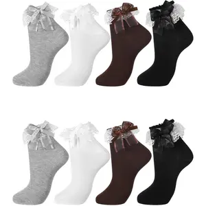 Graduation Gift  4-Pairs Women's Ruffle Ankle Socks with Bow