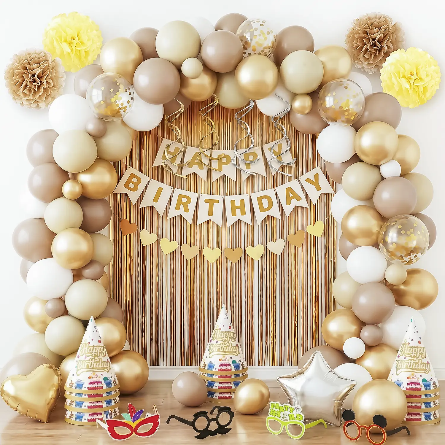 99Pcs All-in-1 Navy Blue & Gold Happy Birthday Decorations Kit - Easy Setup Photo Booth Backdrop, Balloons, Free Pump, Fun Props, Curtains, Banners - Elegant Party-in-a-Box for BF Gifts (Birthday Ideas, TikTokshopspringglowup, Summervibes)