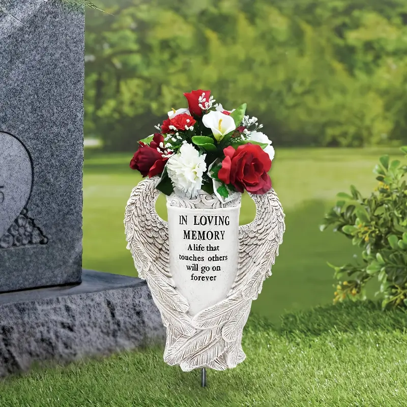 Angel Wings Memorial Vase with Ground Stake - Decorative Waterproof Grave Flower Vase for Cemetery, Garden, Lawn, Patio - Outdoor Art Sculpture Statue - Ideal for Fresh/Fake Flowers - 1 Pack Decoration Mount Ornaments Resin Plastic