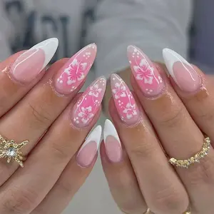24pcs Medium Long Glossy False Nails, French Blush Flower Random Elements, Women Nail Art Decoration, Perfect for Beauty Enhancements